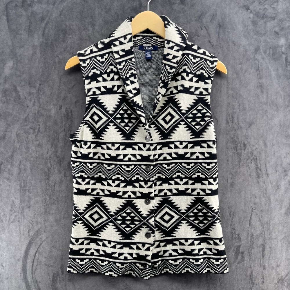 Chaps Womens Black White Geometric Southwestern Shawl Collar Sweater Vest Medium